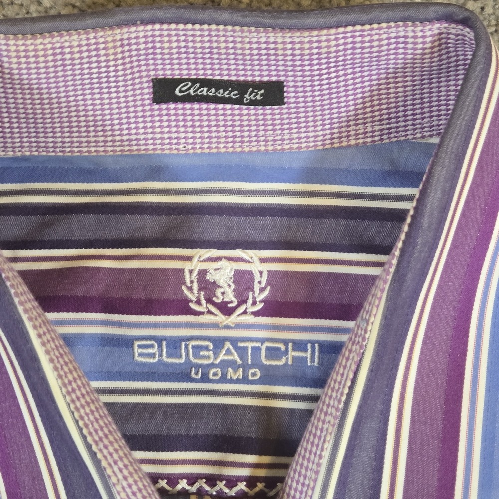 Bugatchi Uomo Mens Stripe Classic Fit Button Down Shirt Size XL Navy Blue Cotton - Picture 8 of 10